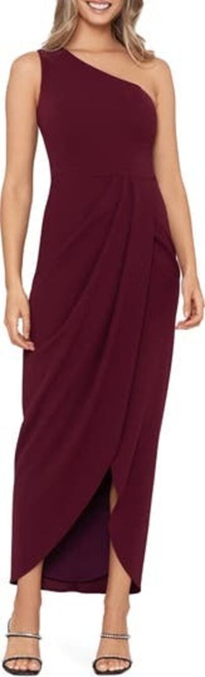 NWOT Xscape One Shoulder Bordeaux Scuba Dress Size 10